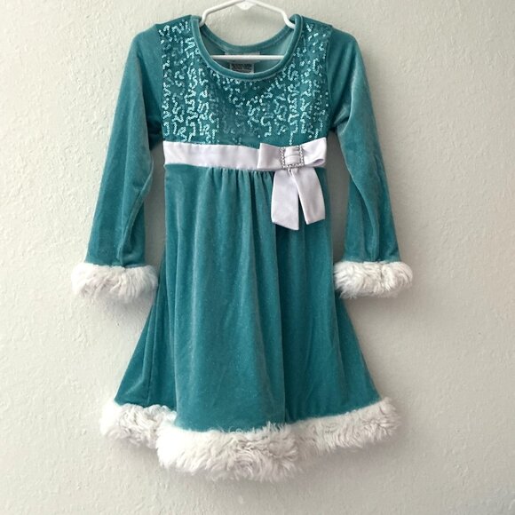 BONNIE JEAN VELOUR FAUX FUR CHRITMAS HOLIDAY SPARKLE SEQUIN DRESS - Picture 5 of 8